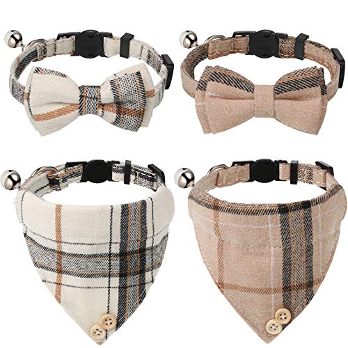 4 Pieces Breakaway Cat Collar Bandana with Plaid Scarf and Bowtie Bell E23731