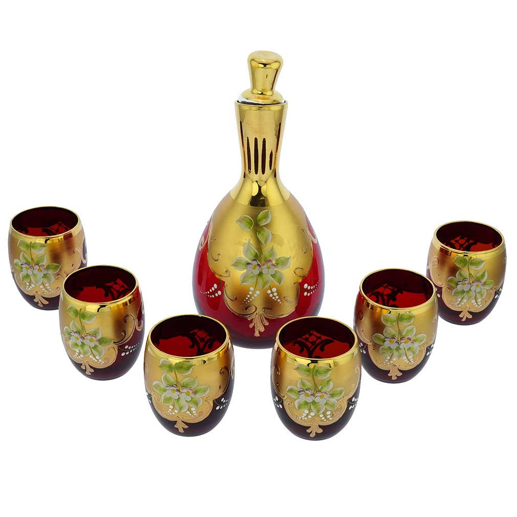 Murano Glass Decanter Set with 6 Wine Glasses 24K Gold Red M9147