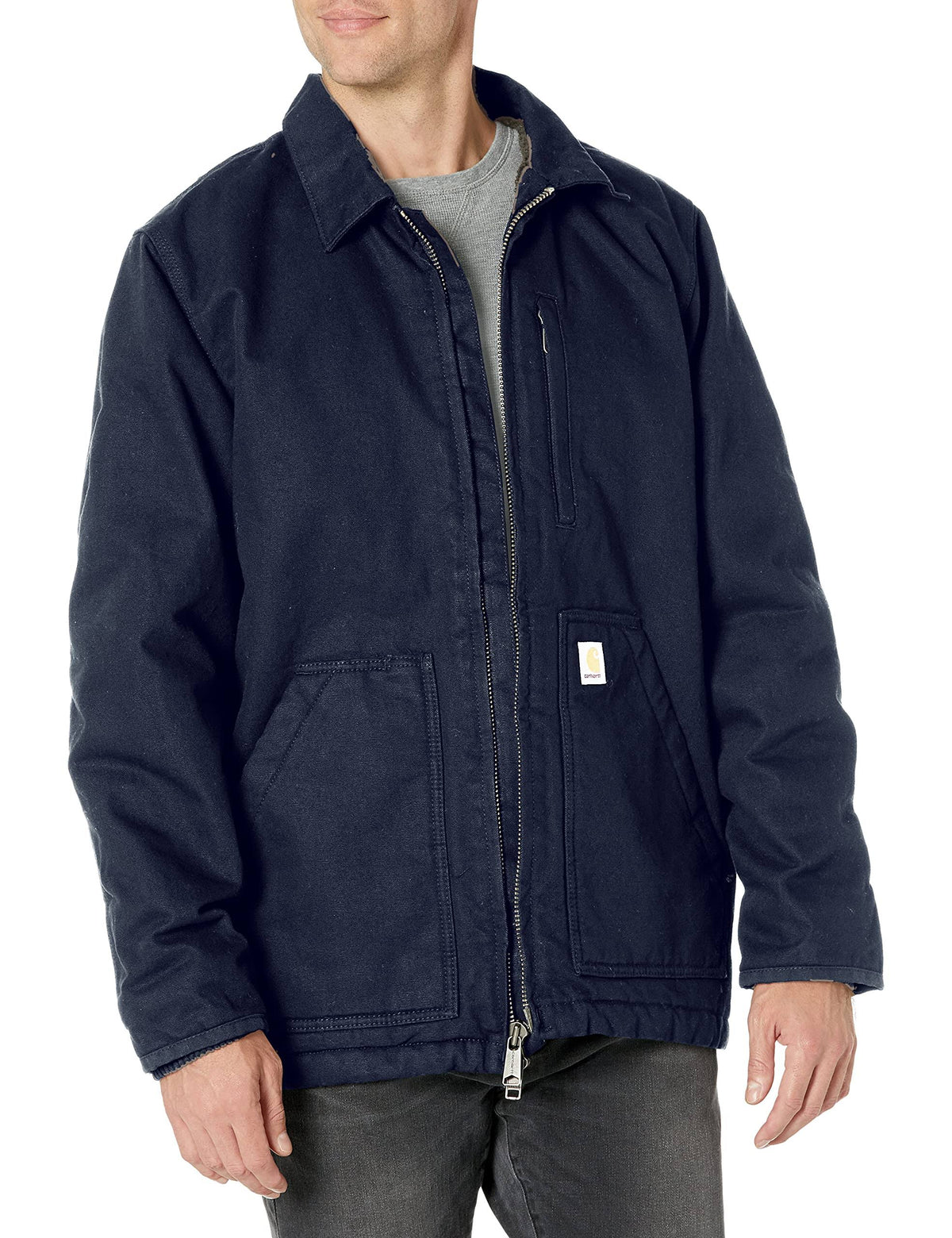Loose Fit Washed Duck Sherpa-Lined Coat Navy K5148