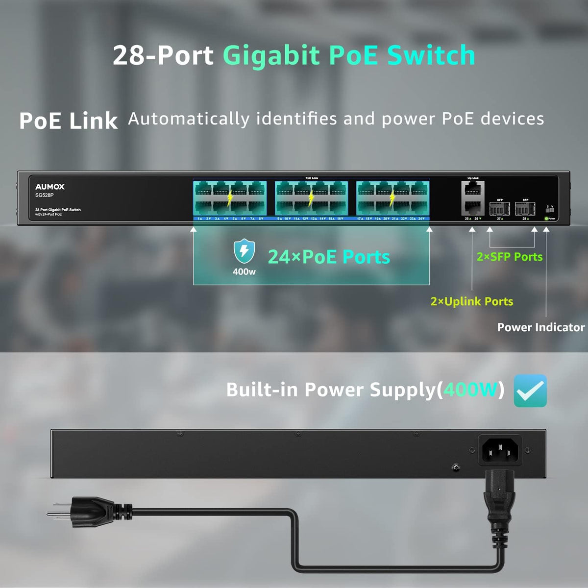 28-Port Gigabit PoE Switch with 24 x PoE 400W, 2 x Uplink Gigabit Ports, 2 x 1G SFP Slots, Rackmount or Desktop, Unmanaged L55862