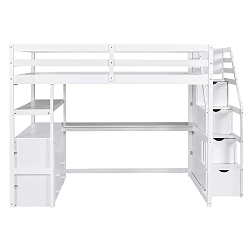 White Solid Wood Twin Loft Bed with Stairs and Desk W780