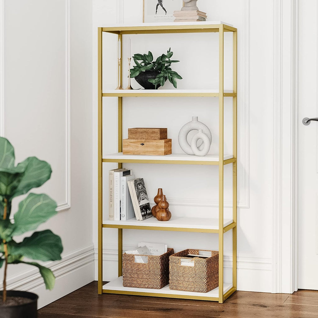 Gold/White 5-Shelf Bookcase with Metal Frame and Wood Shelves N337606
