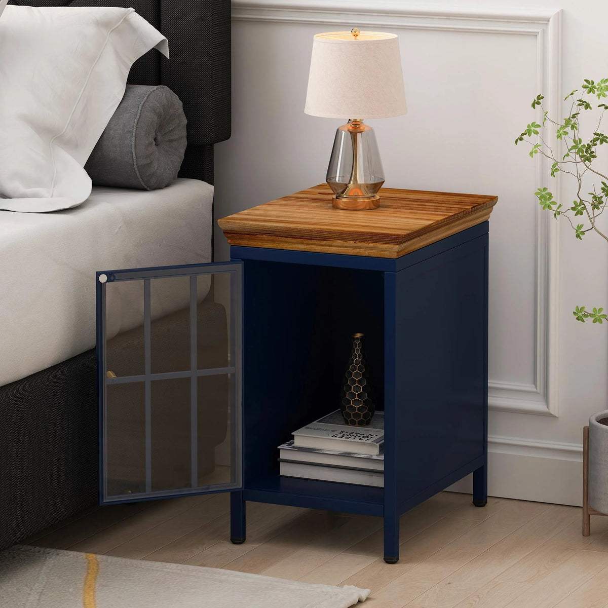Nightstand with Storage Cabinet & Solid Wood Tabletop, Dark Blue N317