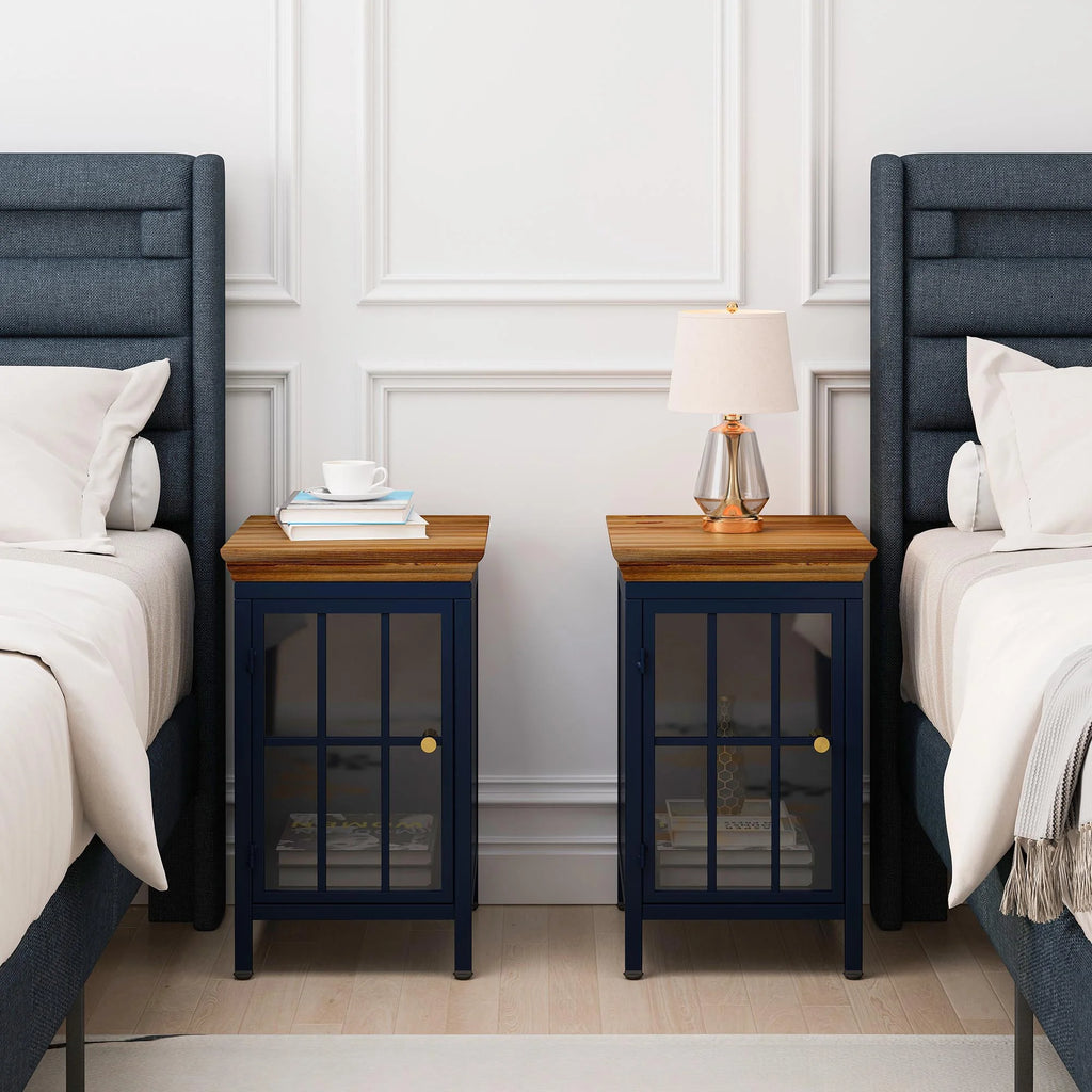 Nightstand with Storage Cabinet & Solid Wood Tabletop, Dark Blue N317