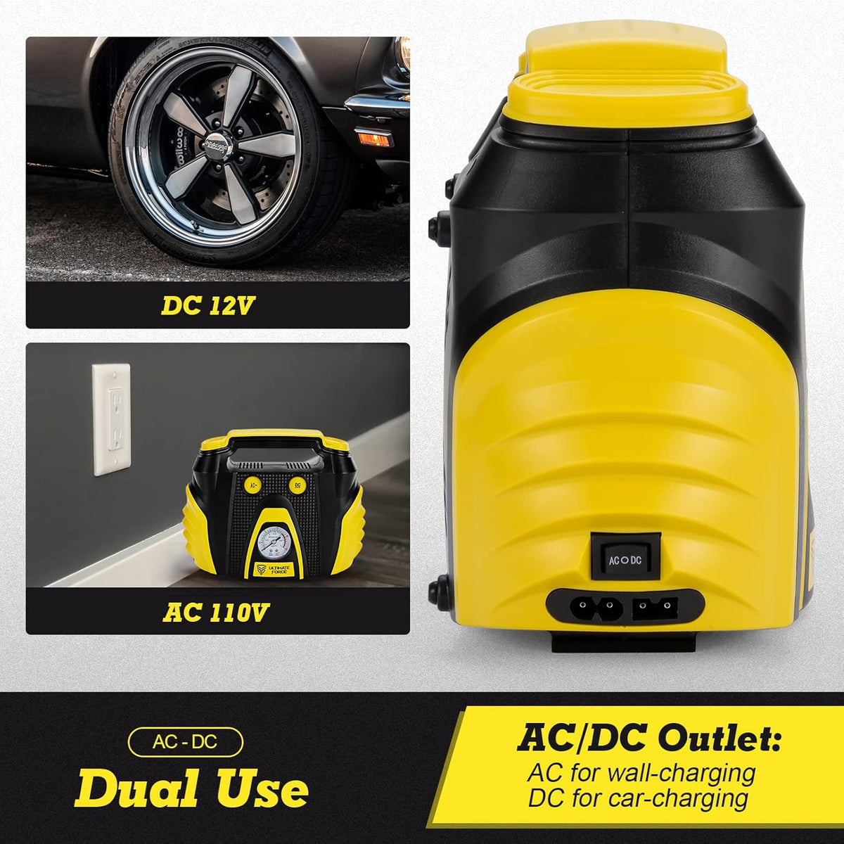 Portable Tire Inflator 12 V Air Compressor Pump with Dual Power, 3 Air Nozzle and Carrying Case, Yellow Q8656