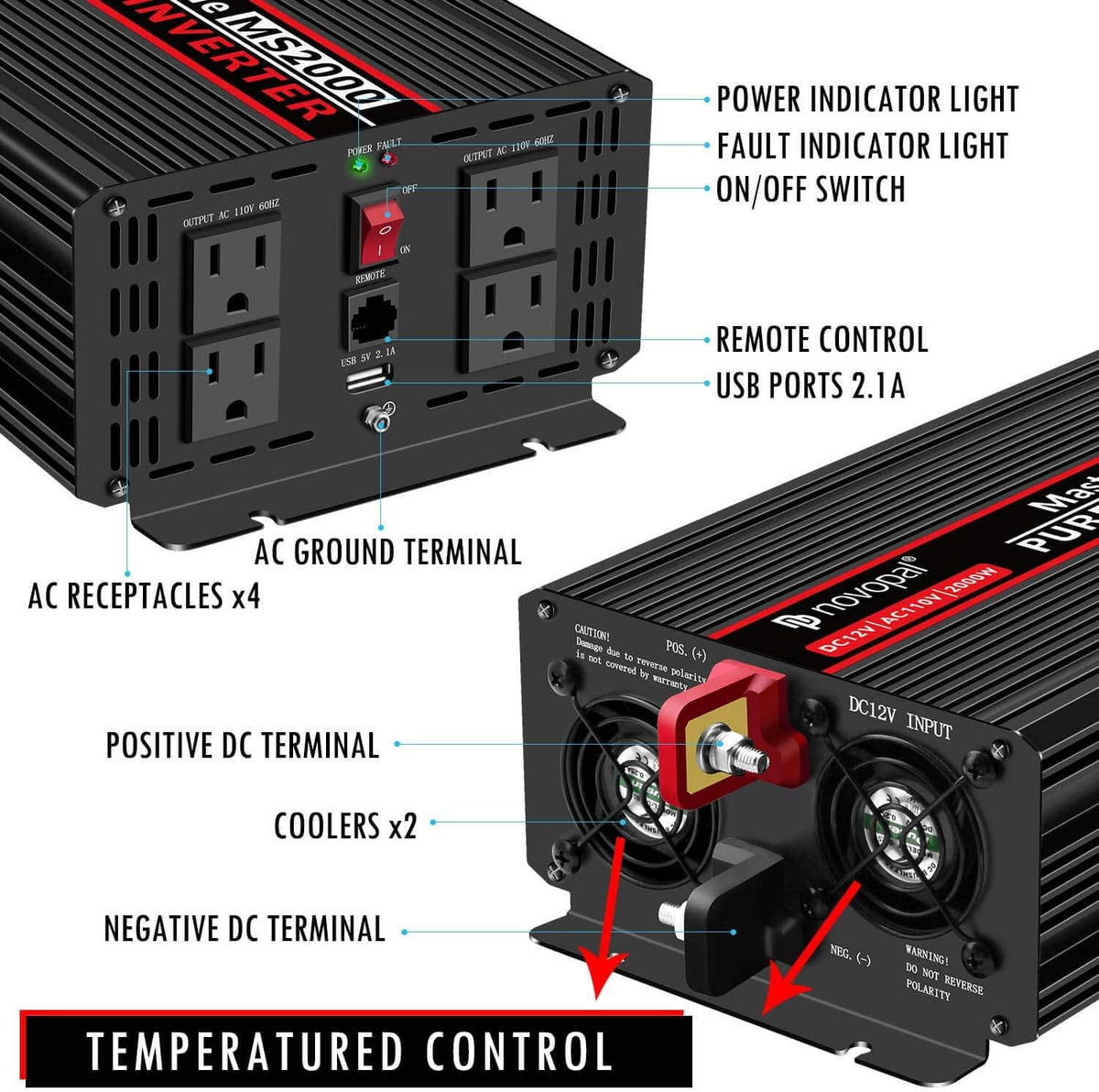 2000 Watt 12V DC to 110V AC Power Inverter with 4 AC Outlets C470838