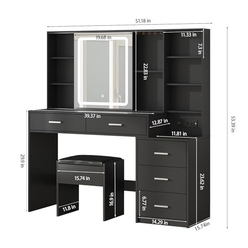 White Vanity Desk with Mirror and Lights 5 Drawers with Chair T88752