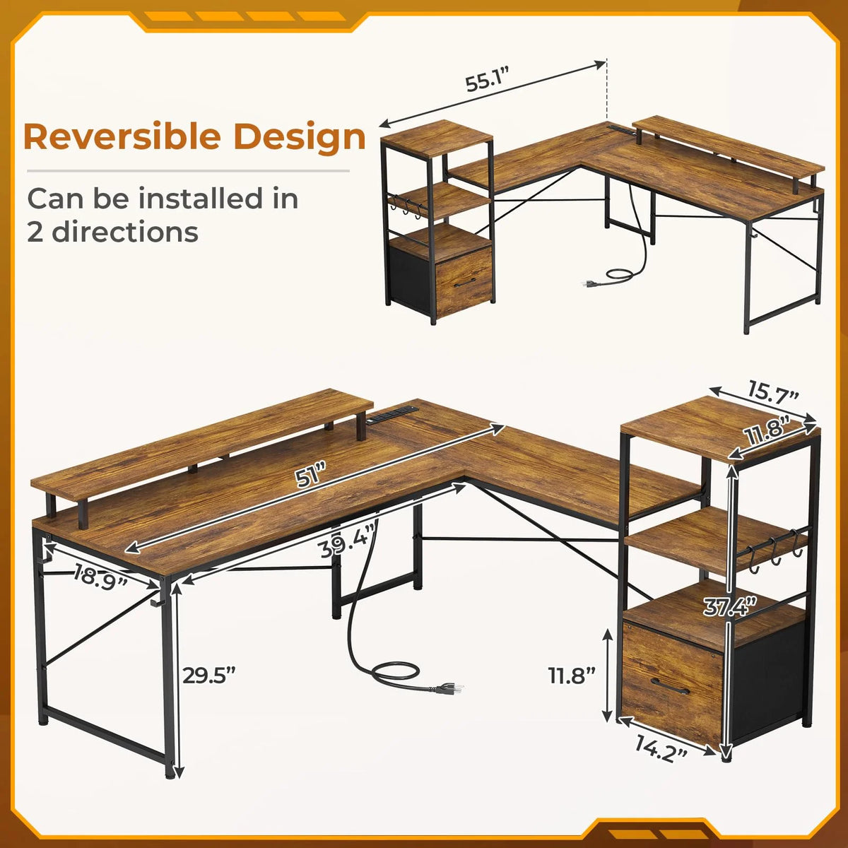 L Shaped Desk with Fabric File Drawer and Power Outlets J3194