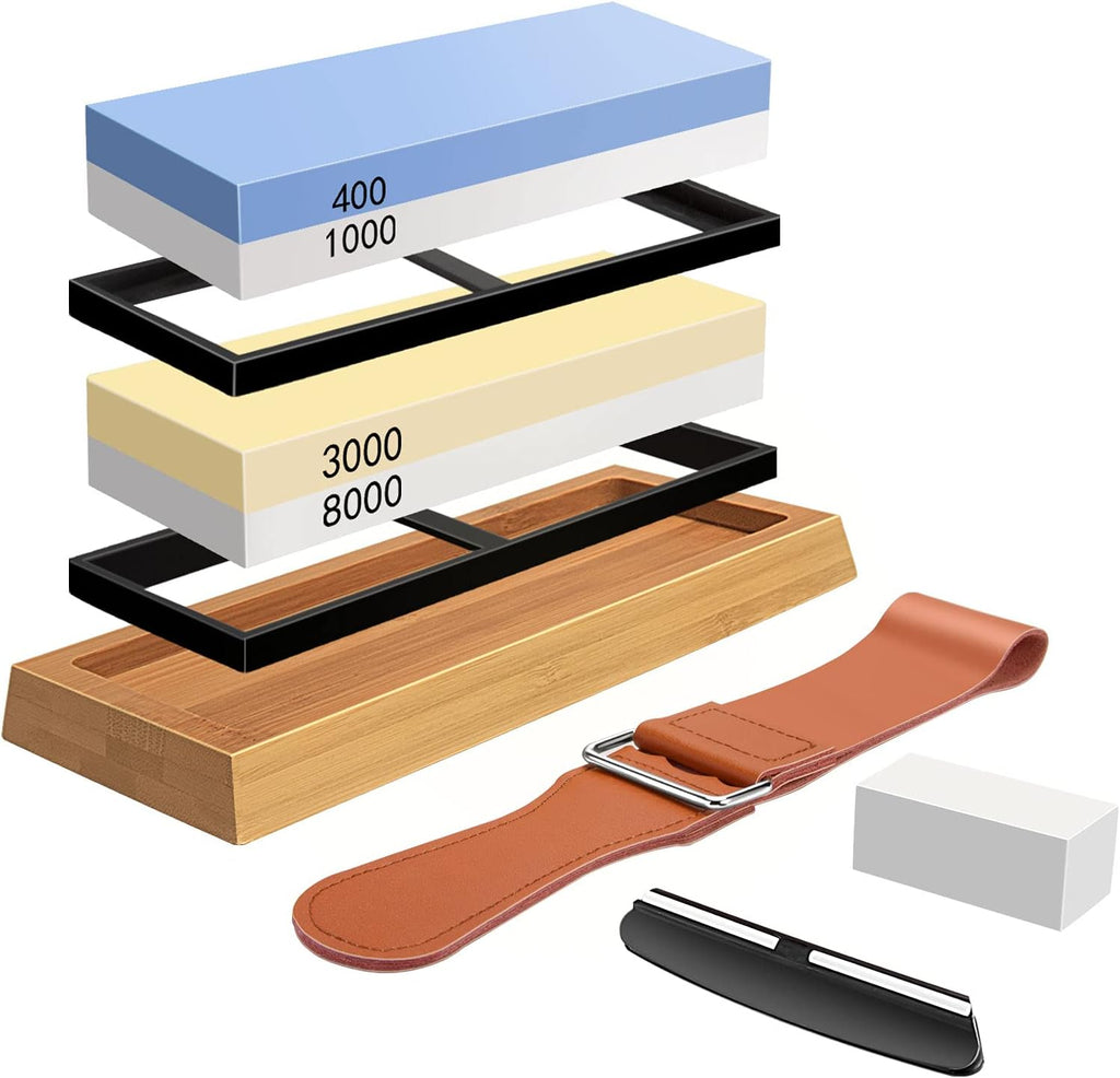 4 Side Grit 400/1000 3000/8000 Whetstone Set with Bamboo Base S95906