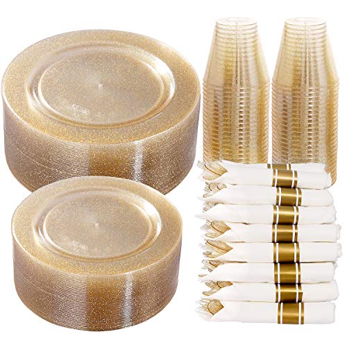 350 Pieces Gold Glitter Disposable Dinnerware Set J8423