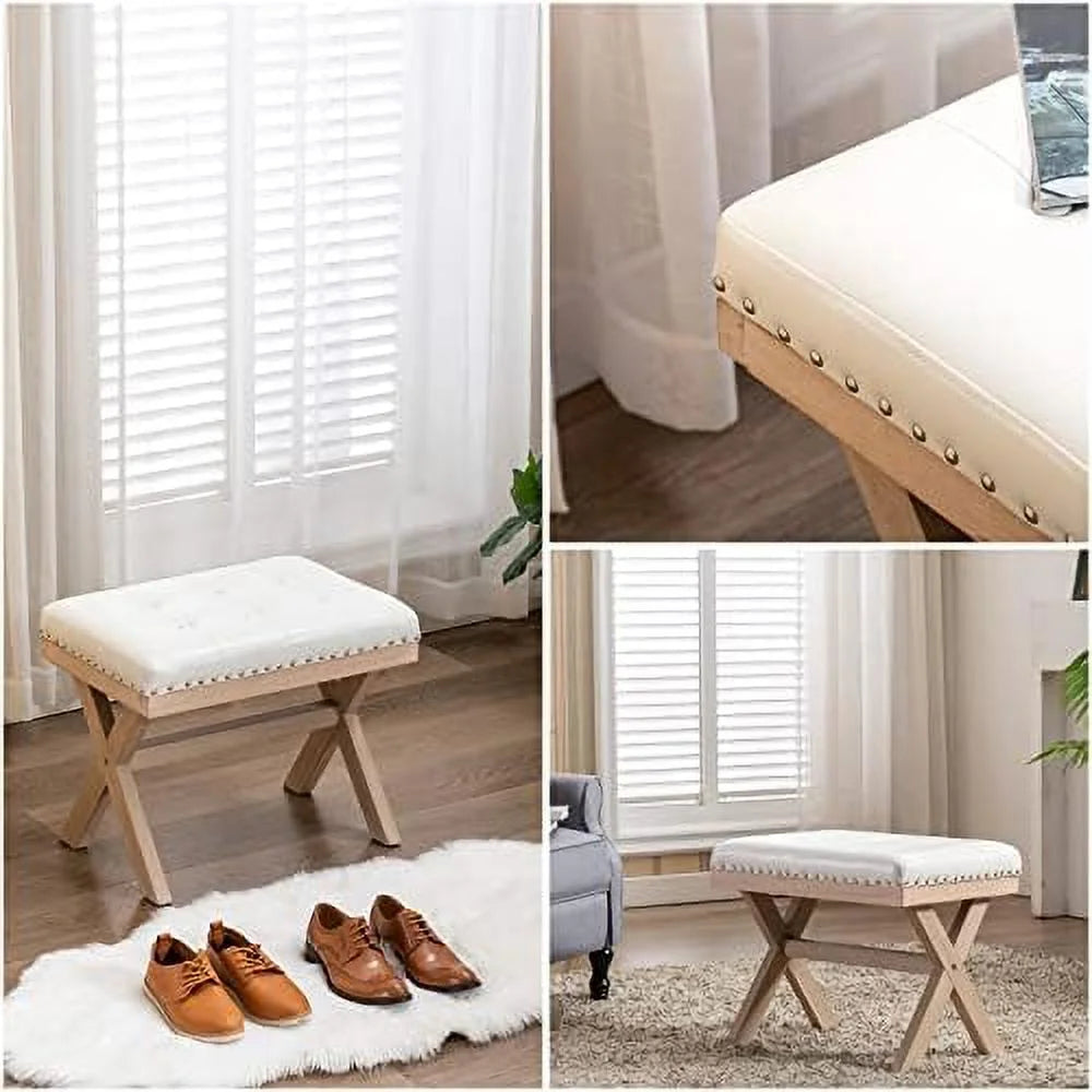 Burlap Linen Fabric Upholstered Bench Ottoman with X-Shaped Wooden Legs V2285