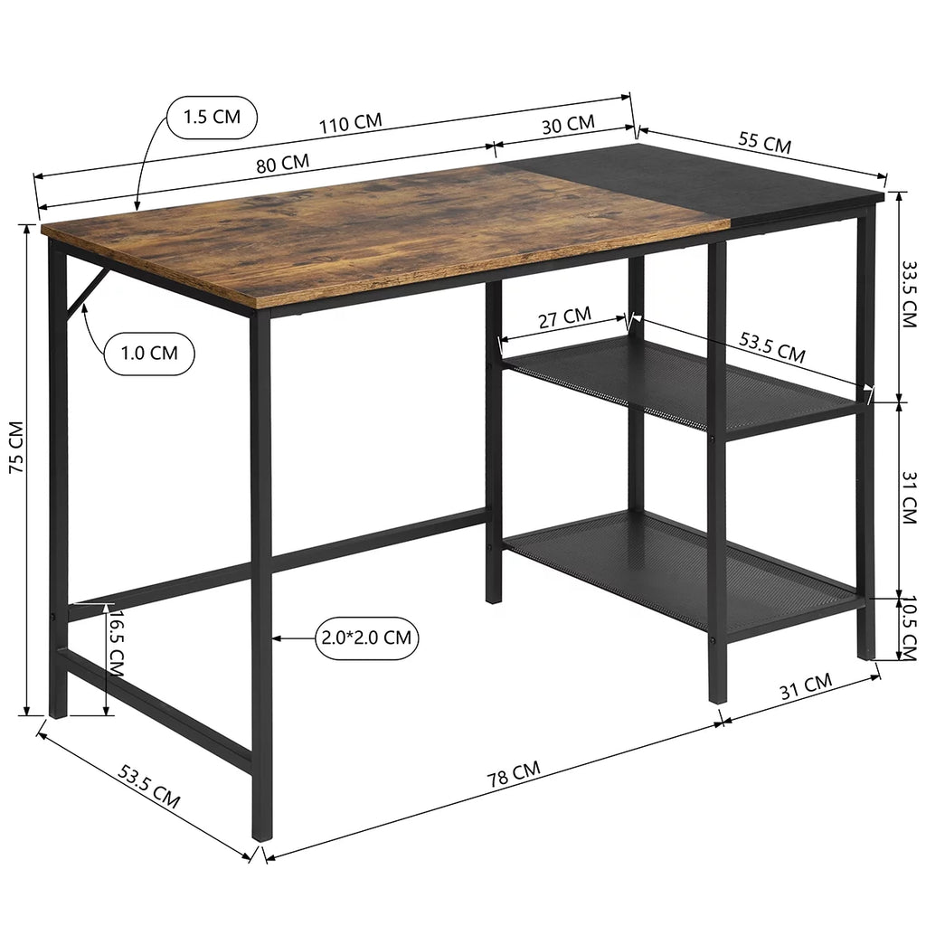 Black Study Desk with 2 Storage Shelves Metal Frame B649254