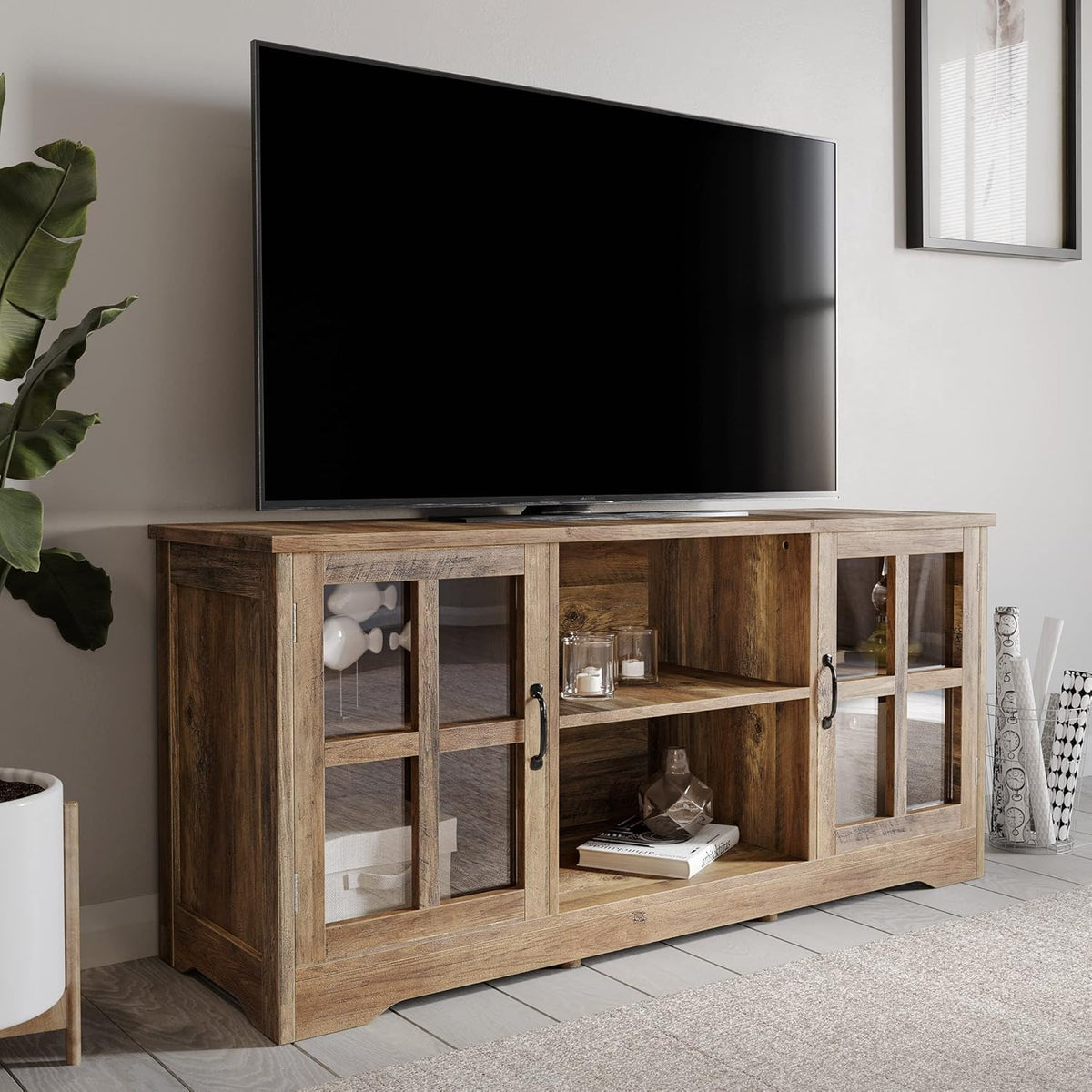 Espresso TV Stand with Wood Glass Storage Cabinets T97029