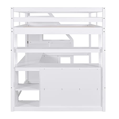 White Solid Wood Twin Loft Bed with Stairs and Desk W780