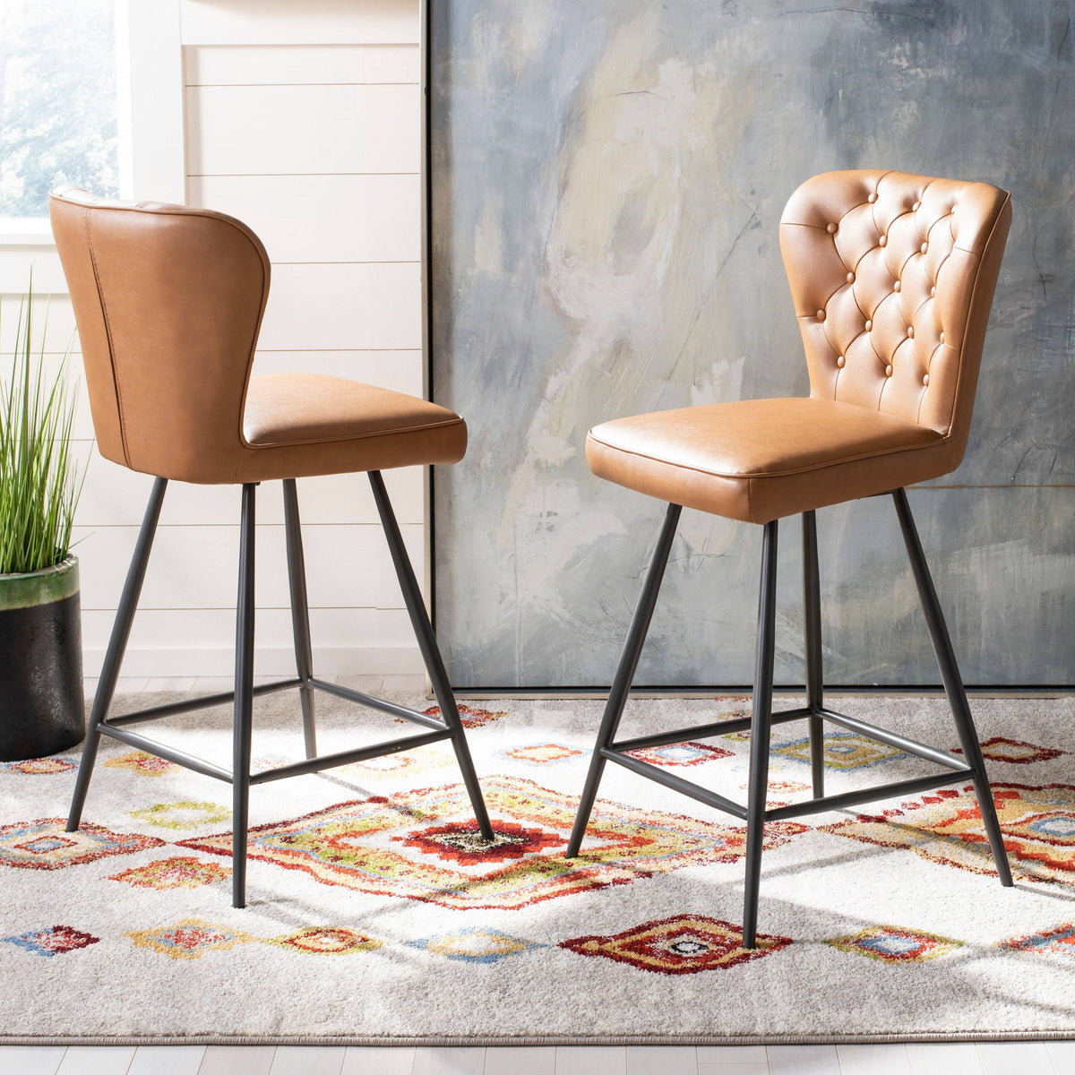 Camel Leather Tufted Swivel Counter Stool Set of 2 D5495