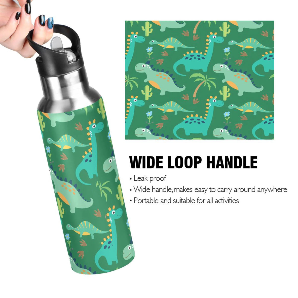 Dinosaur Green Stainless Steel Insulated Water Bottle with Straw Lid P186598