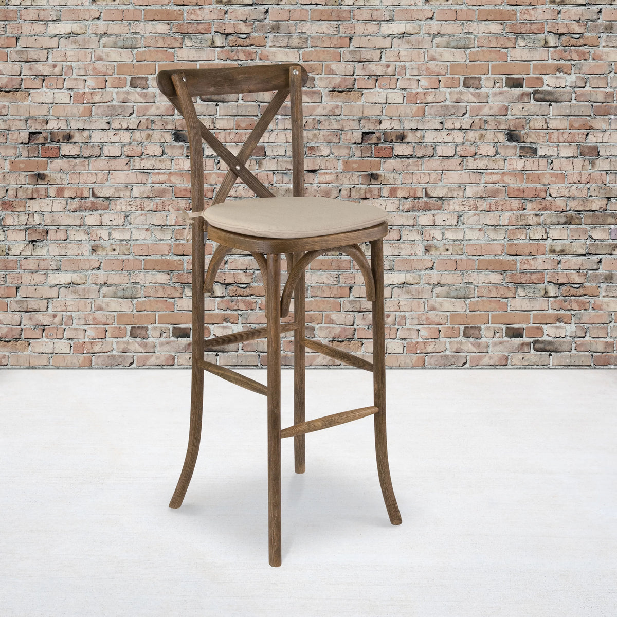 Dark Antique Wood Cross Back Barstool with Cushion P34497