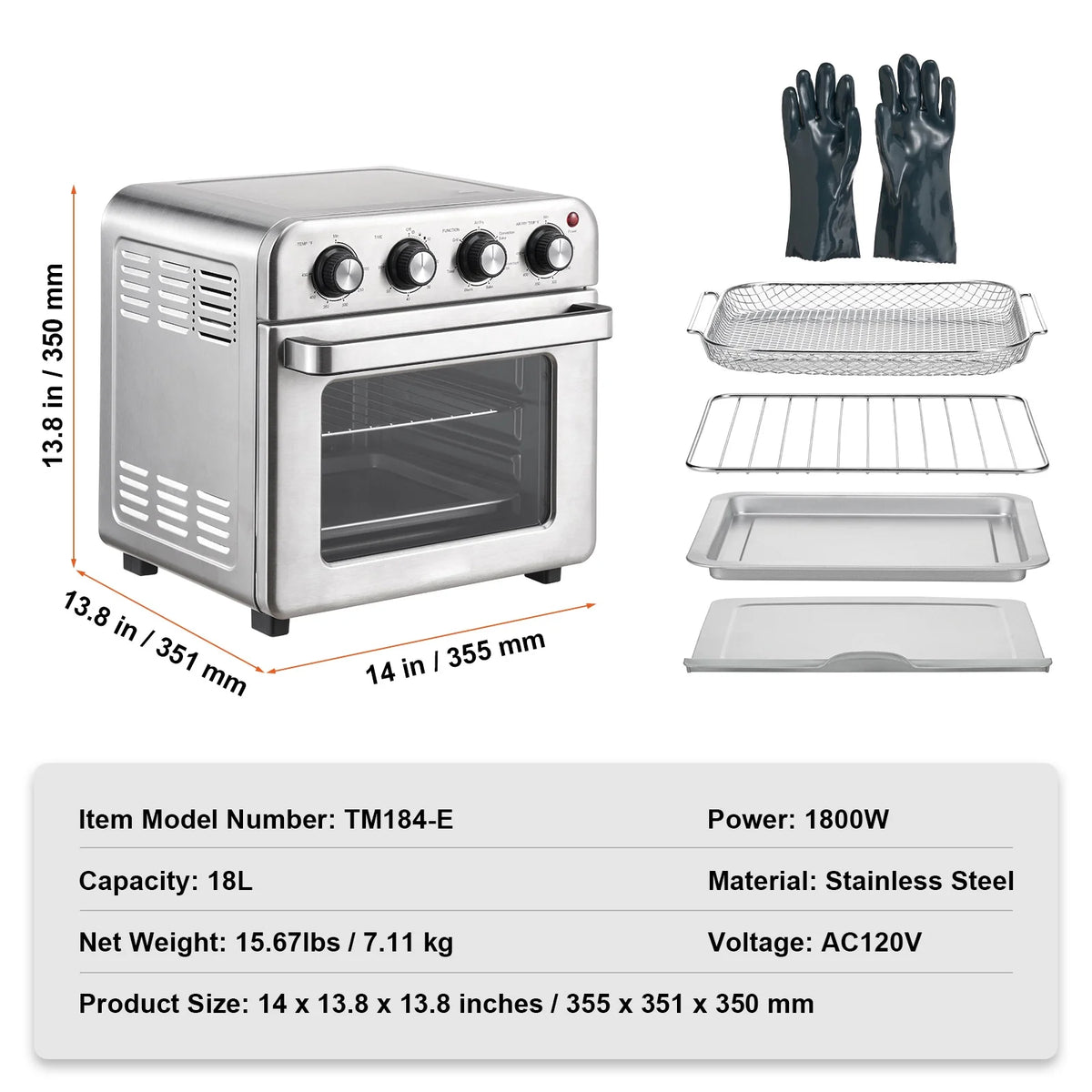7-IN-1 Air Fryer Toaster Oven 18L Stainless Steel 1700W I950