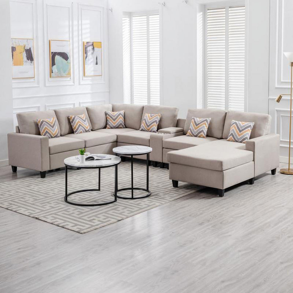 Beige Fabric Reversible Sectional with Charging Port and Storage Console K1197