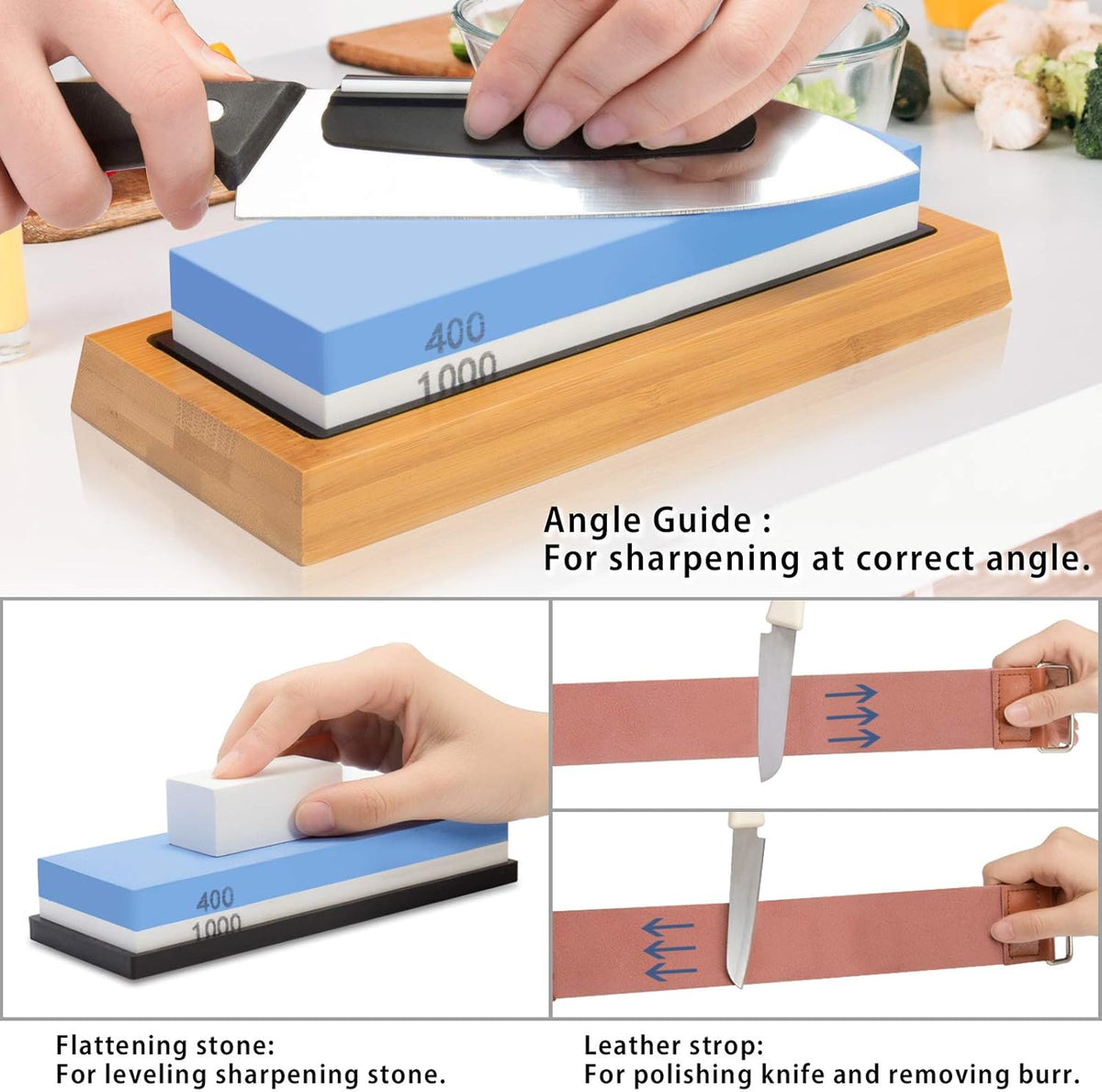4 Side Grit 400/1000 3000/8000 Whetstone Set with Bamboo Base S95906