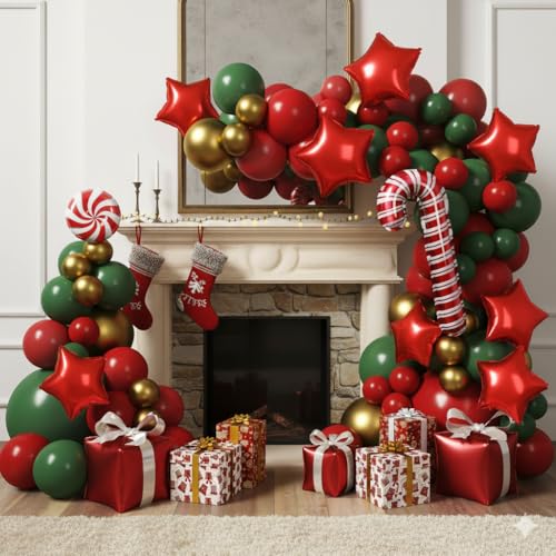 Red and Green Christmas Balloon Arch Kit with Candy Cane and Star Foil Balloons J8931