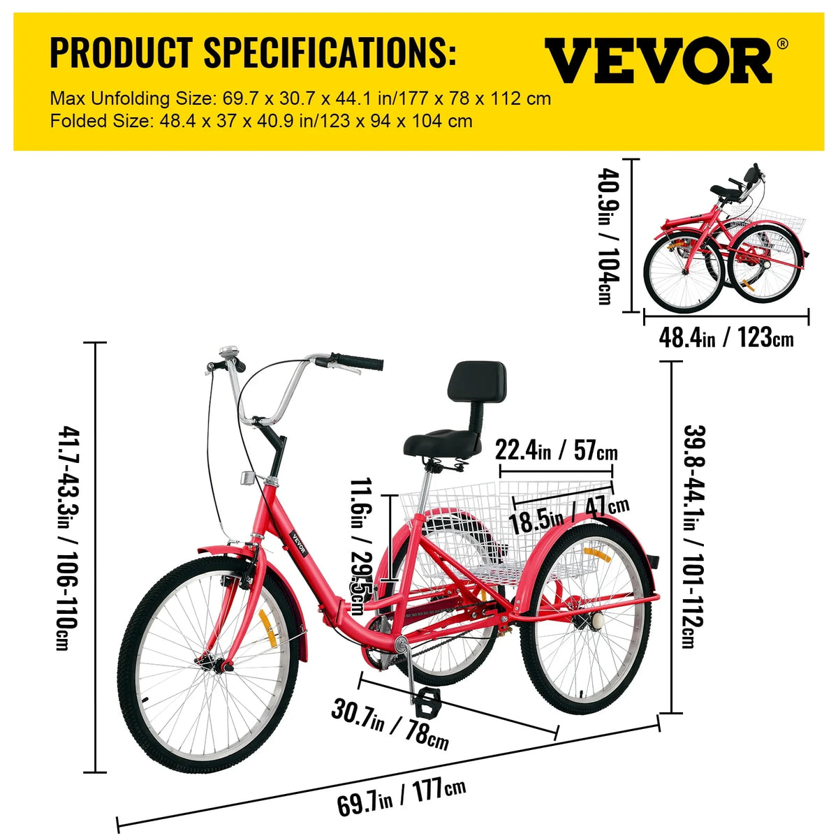Foldable Tricycle 24 inch Wheels Red Trike with Basket G66025