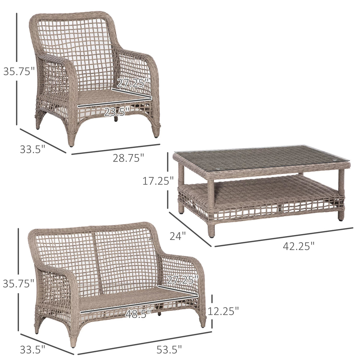 4pc Outdoor Patio Furniture Set with Rattan Chairs, Wicker Loveseat Sofa, Coffee Table and Cushions O7077