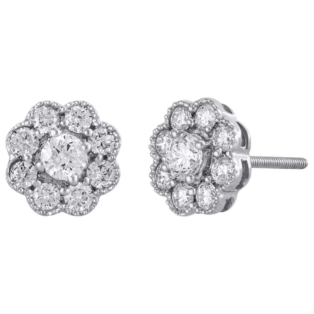 14K White Gold Solitaire Diamond Flower Stud Earrings 1 CT. T483996