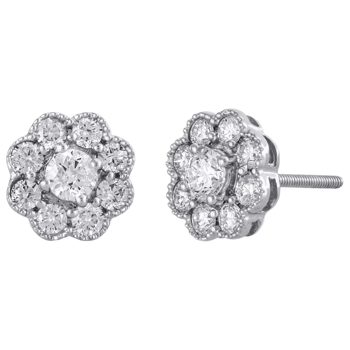 14K White Gold Solitaire Diamond Flower Stud Earrings 1 CT. T483996