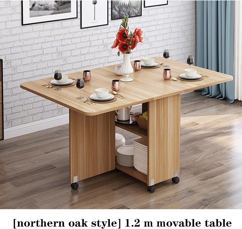Expandable Rectangle Wood Drop Leaf Dining Table with 6 Wheels W341054