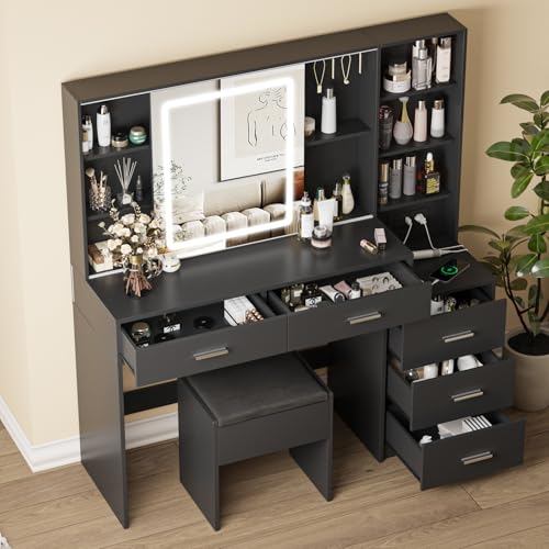White Vanity Desk with Mirror and Lights 5 Drawers with Chair T88752