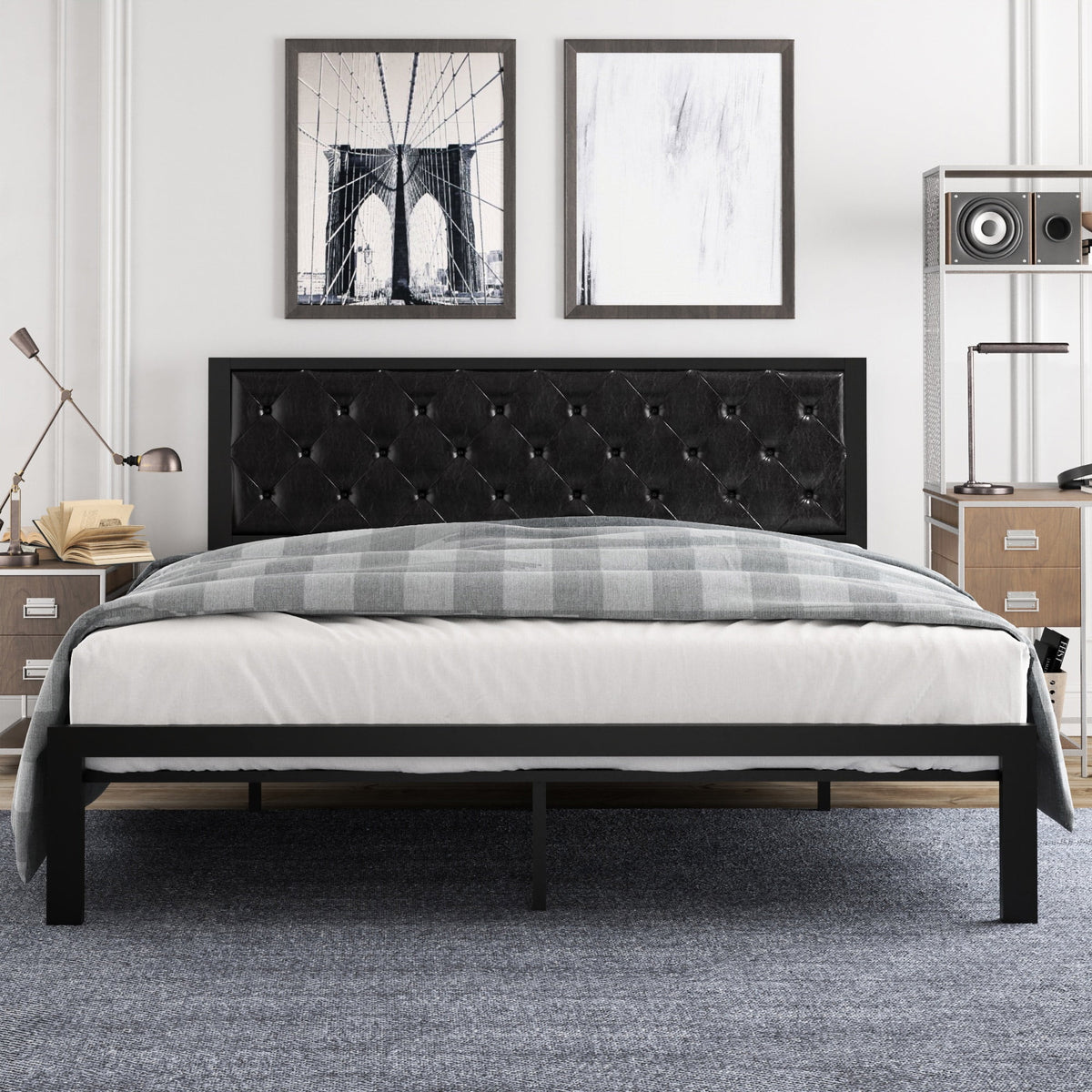 Twin Size Metal Bed Frame with Upholstered Headboard E187