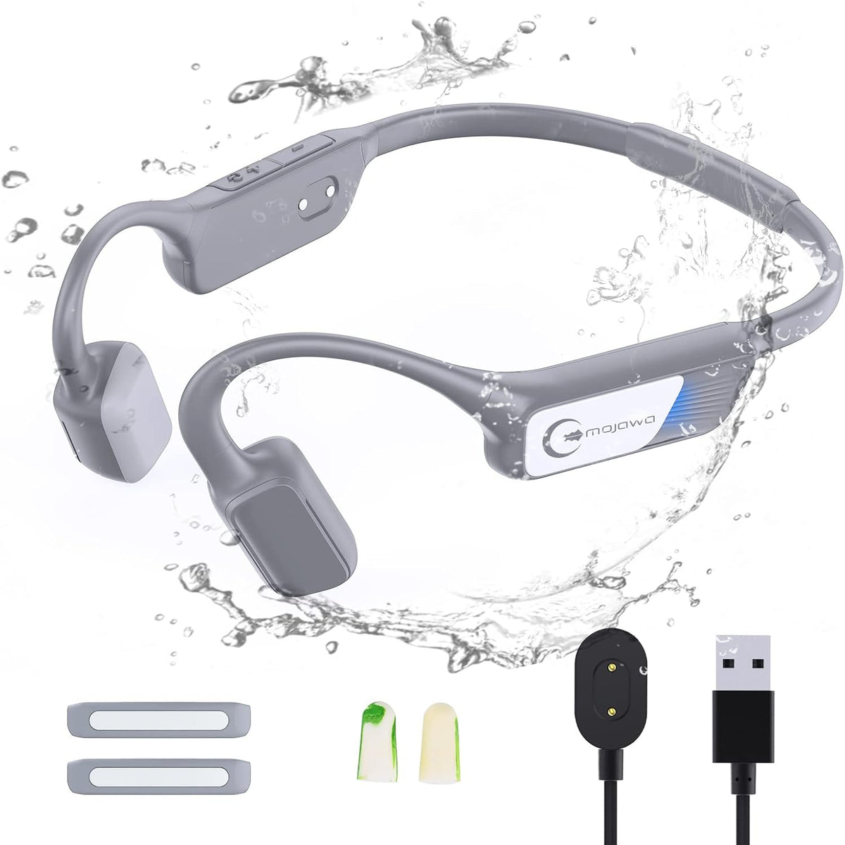 Bone Conduction Wireless Bluetooth Open-Ear Headphones with Mic, IP67 Waterproof Earphones (Grey) C390