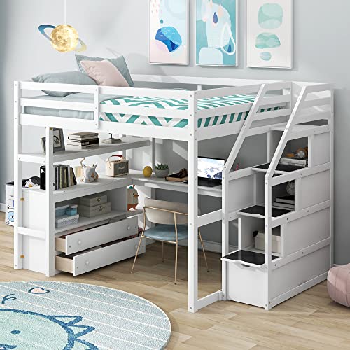White Solid Wood Twin Loft Bed with Stairs and Desk W780
