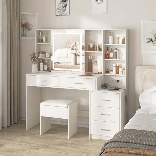 White Vanity Desk with Mirror and Lights 5 Drawers with Chair T88752