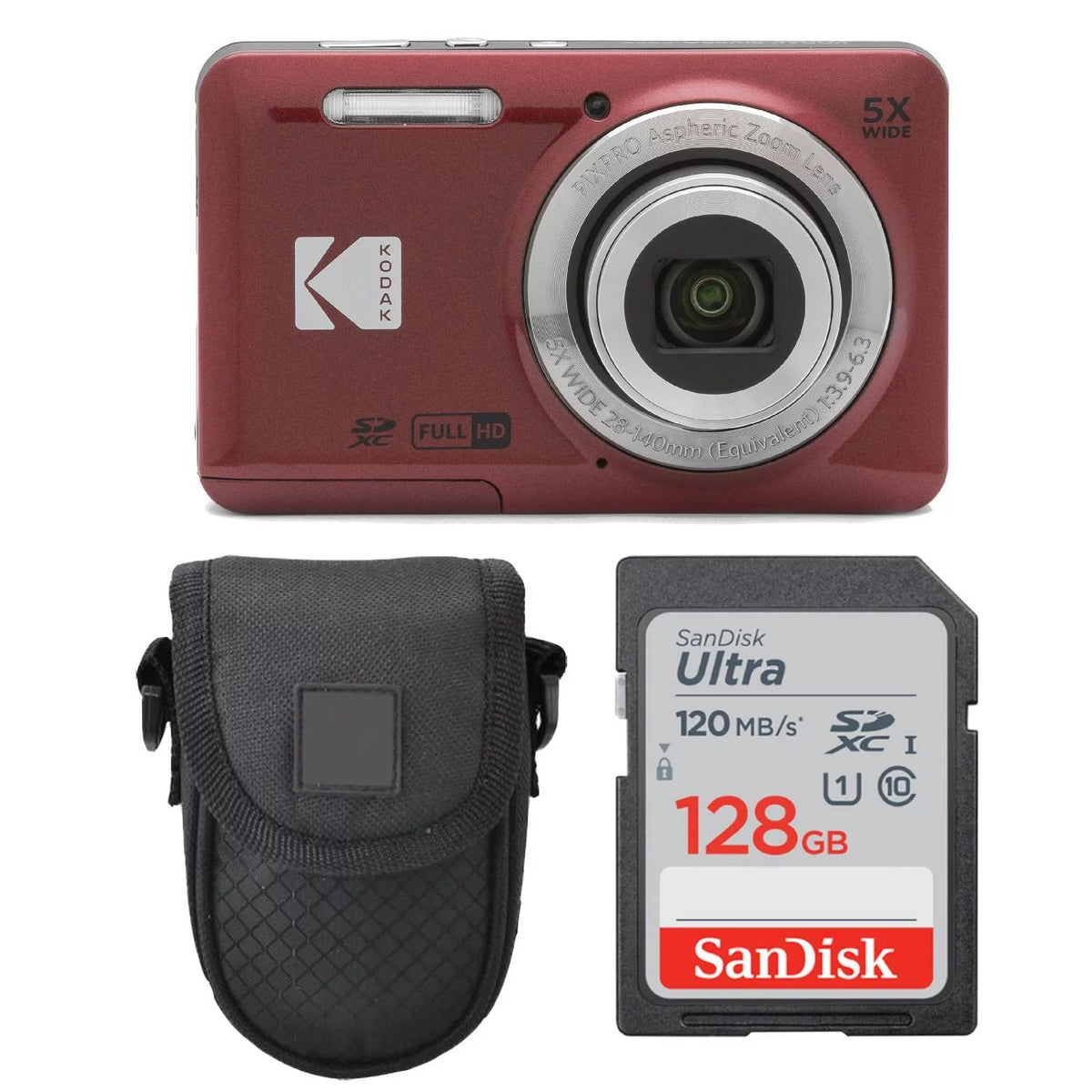 Red Digital Camera with 128GB SDXC Memory Card and Case F488581