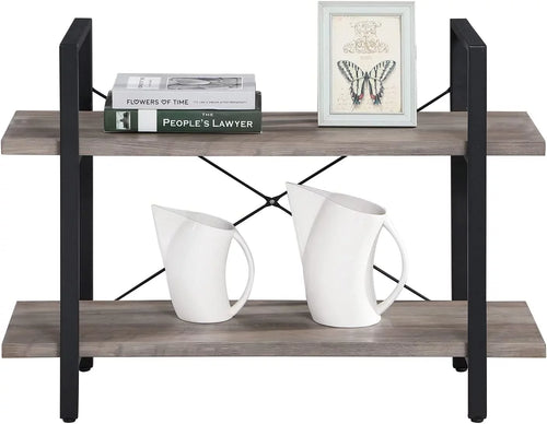 2 Tier Grey Wood and Metal Bookshelf B915