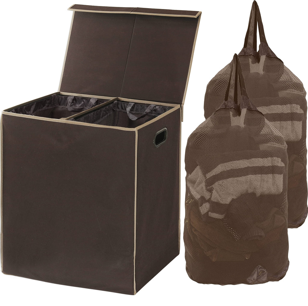 Brown Double Laundry Hamper with Lid and Removable Bags E76517