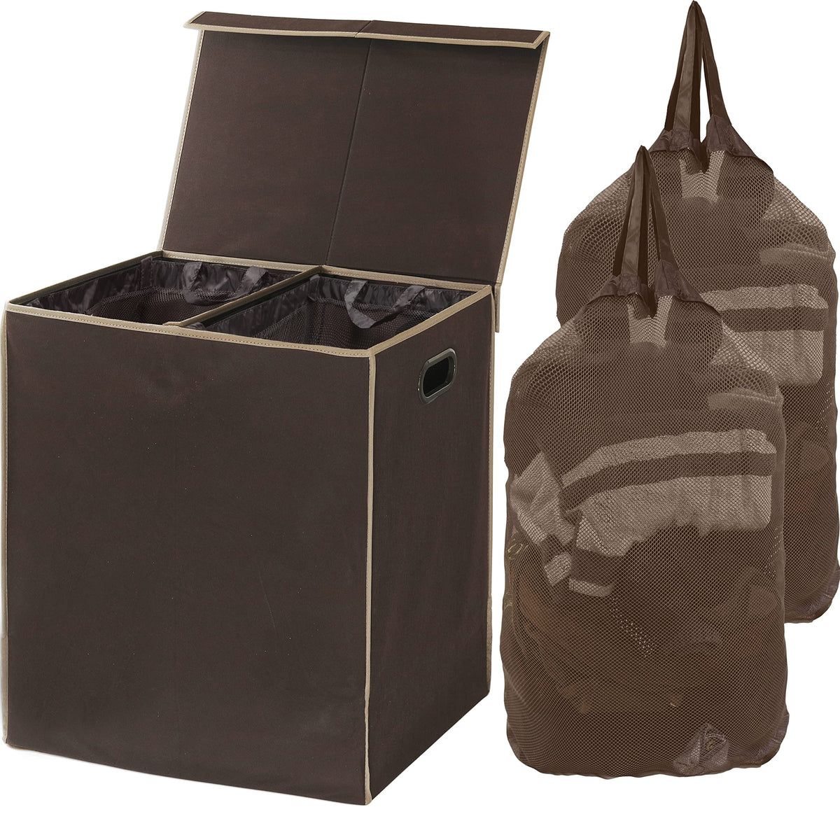 Brown Double Laundry Hamper with Lid and Removable Bags E76517