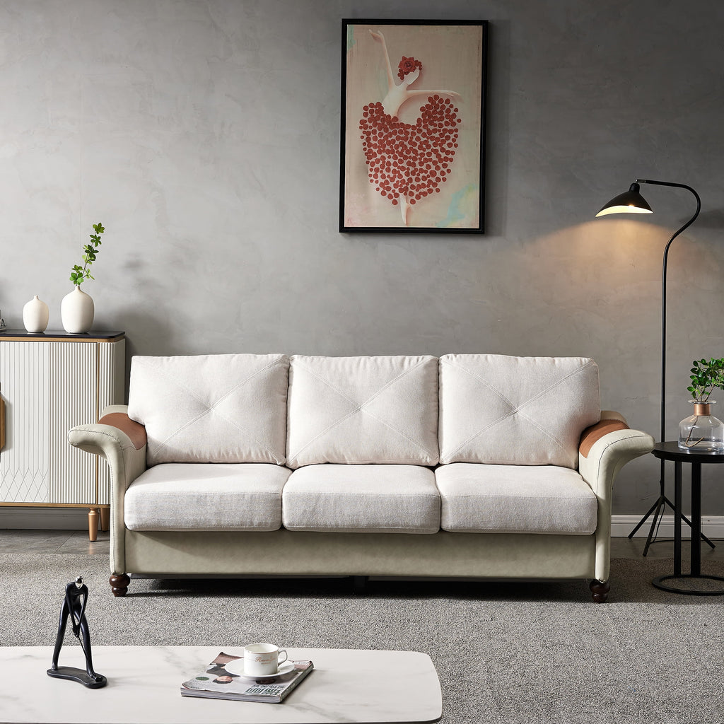 Beige Linen Fabric Faux Leather Sofa with Wood Leg Z4060