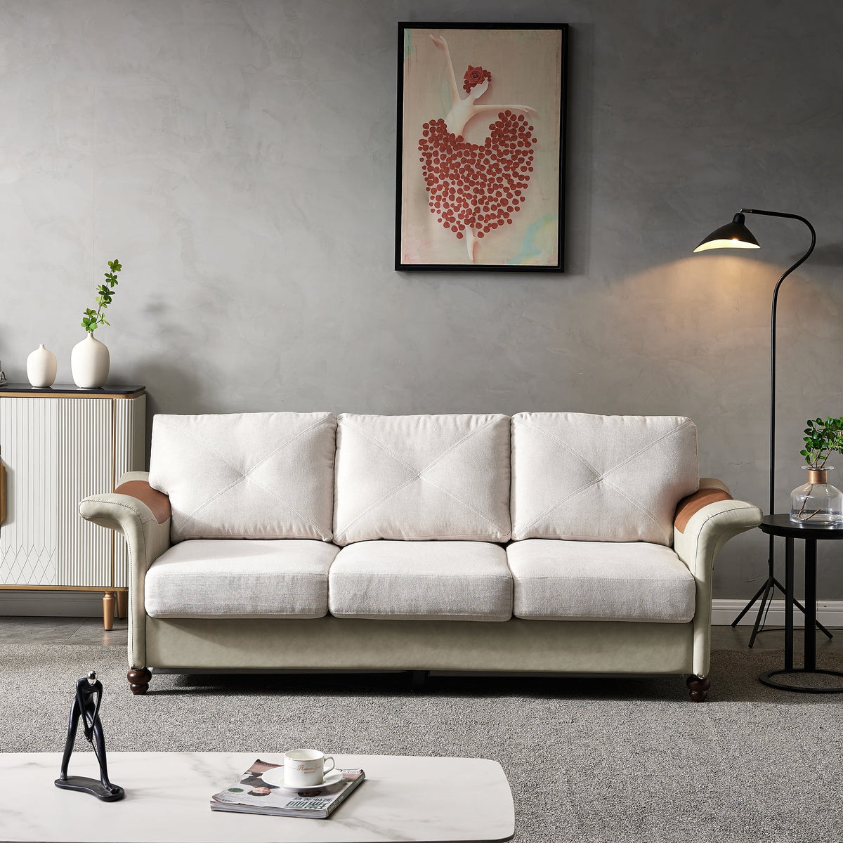 Beige Linen Fabric Faux Leather Sofa with Wood Leg Z4060