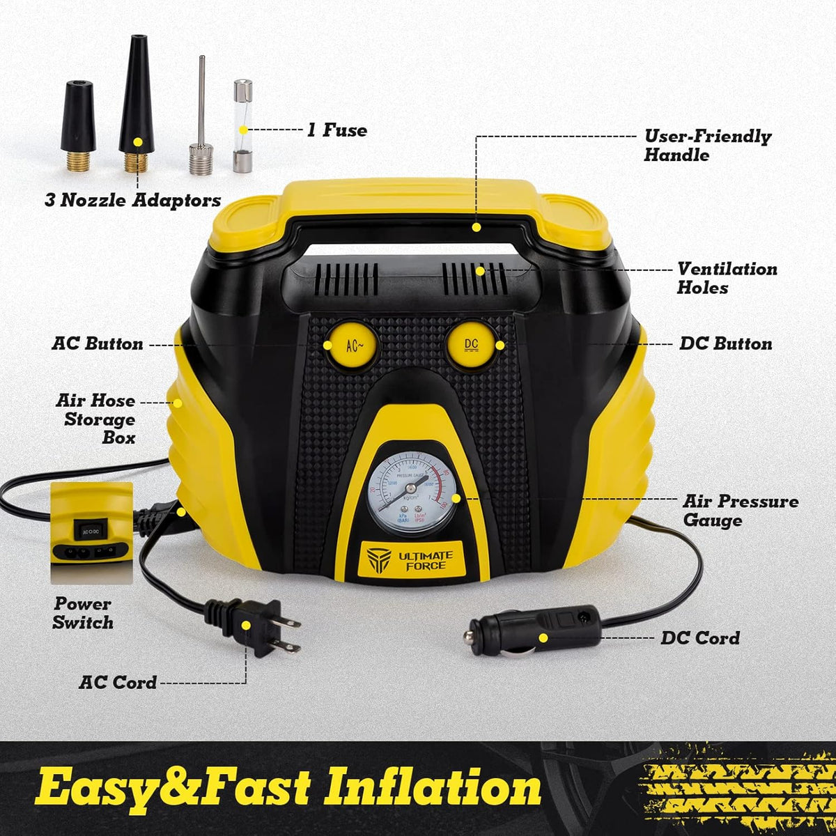 Portable Tire Inflator 12 V Air Compressor Pump with Dual Power, 3 Air Nozzle and Carrying Case, Yellow Q8656