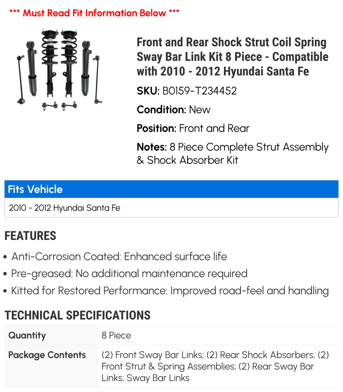Shock Strut Coil Spring Sway Bar Link Kit 8 Piece D9692
