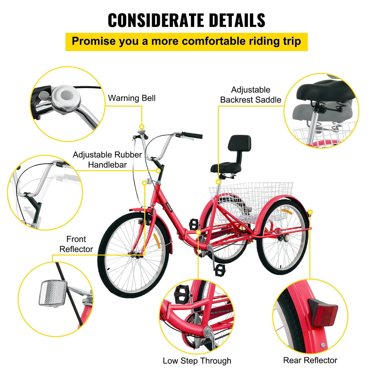 Foldable Tricycle 24 inch Wheels Red Trike with Basket G66025