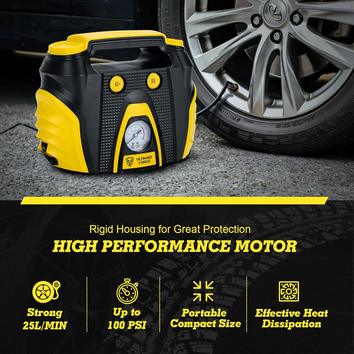 Portable Tire Inflator 12 V Air Compressor Pump with Dual Power, 3 Air Nozzle and Carrying Case, Yellow Q8656