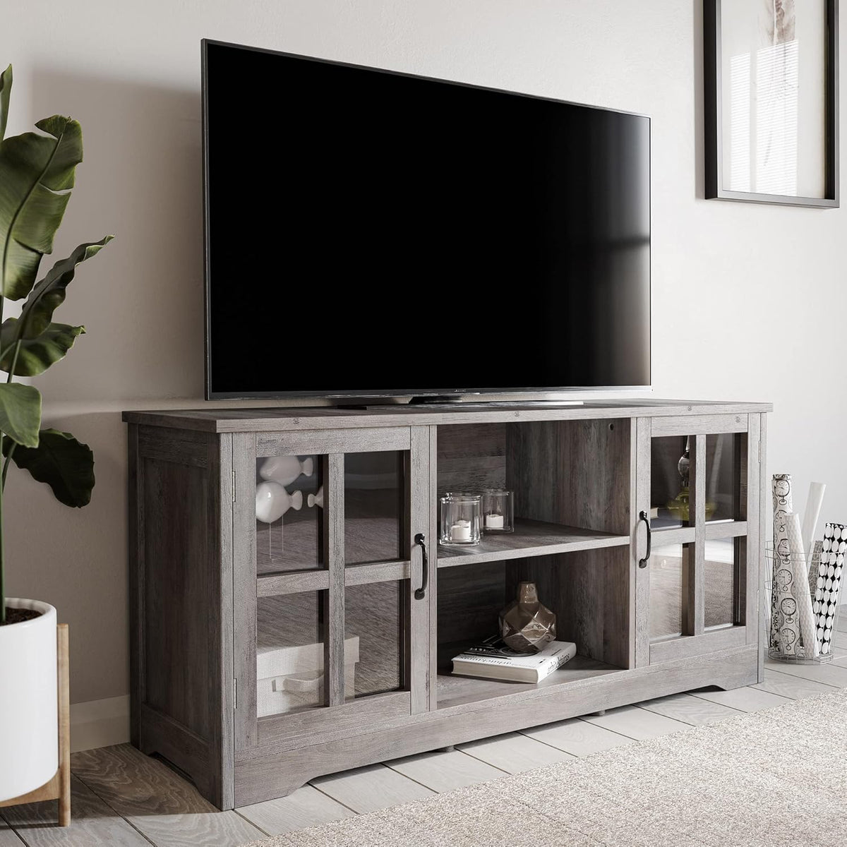 Espresso TV Stand with Wood Glass Storage Cabinets T97029
