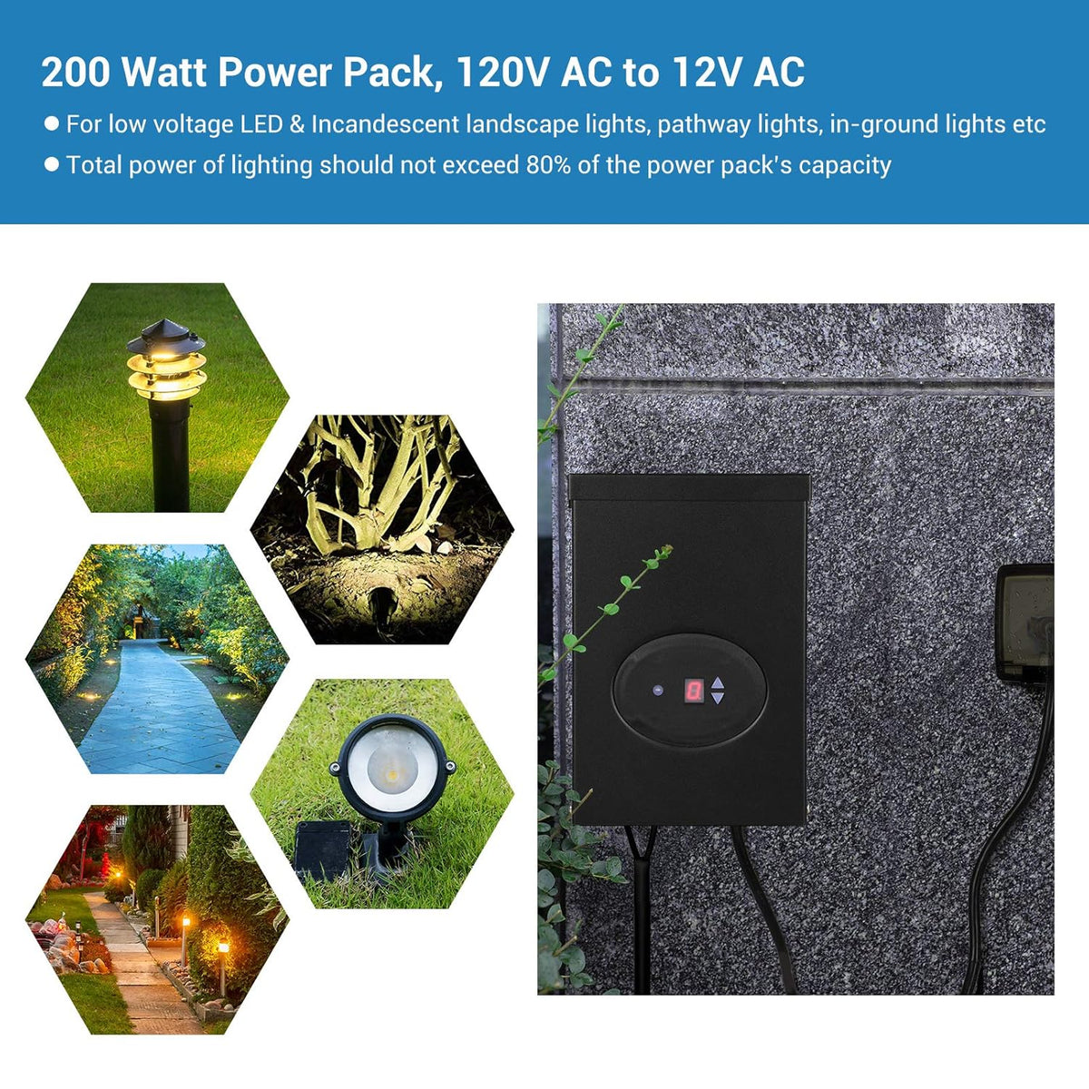 200W Outdoor Low Voltage Transformer with Timer and Photocell Sensor V704