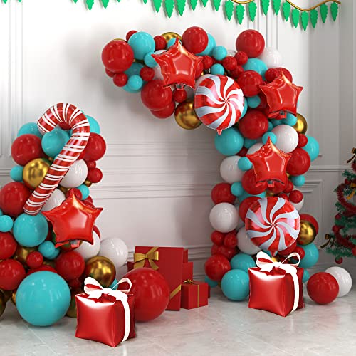 Red and Green Christmas Balloon Arch Kit with Candy Cane and Star Foil Balloons J8931
