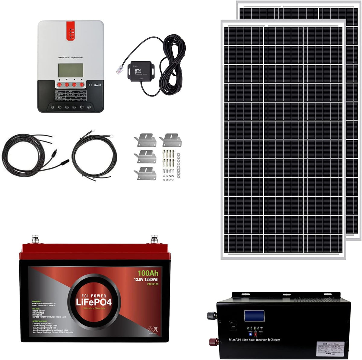 1.3KWH 12V Solar Power System Kit with 300W Mono Solar Panels, 30A MPPT Charge Controller, 2KW Pure Sine Wave Inverter H25848