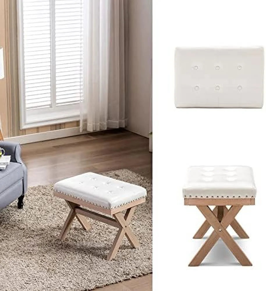 Burlap Linen Fabric Upholstered Bench Ottoman with X-Shaped Wooden Legs V2285